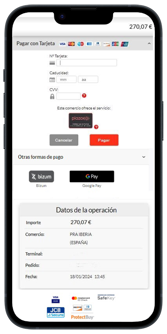 Si has elegido pagar con tarjeta de crédito o débito, Bizum o Google Pay serás redireccionado a una pasarela de pago segura.